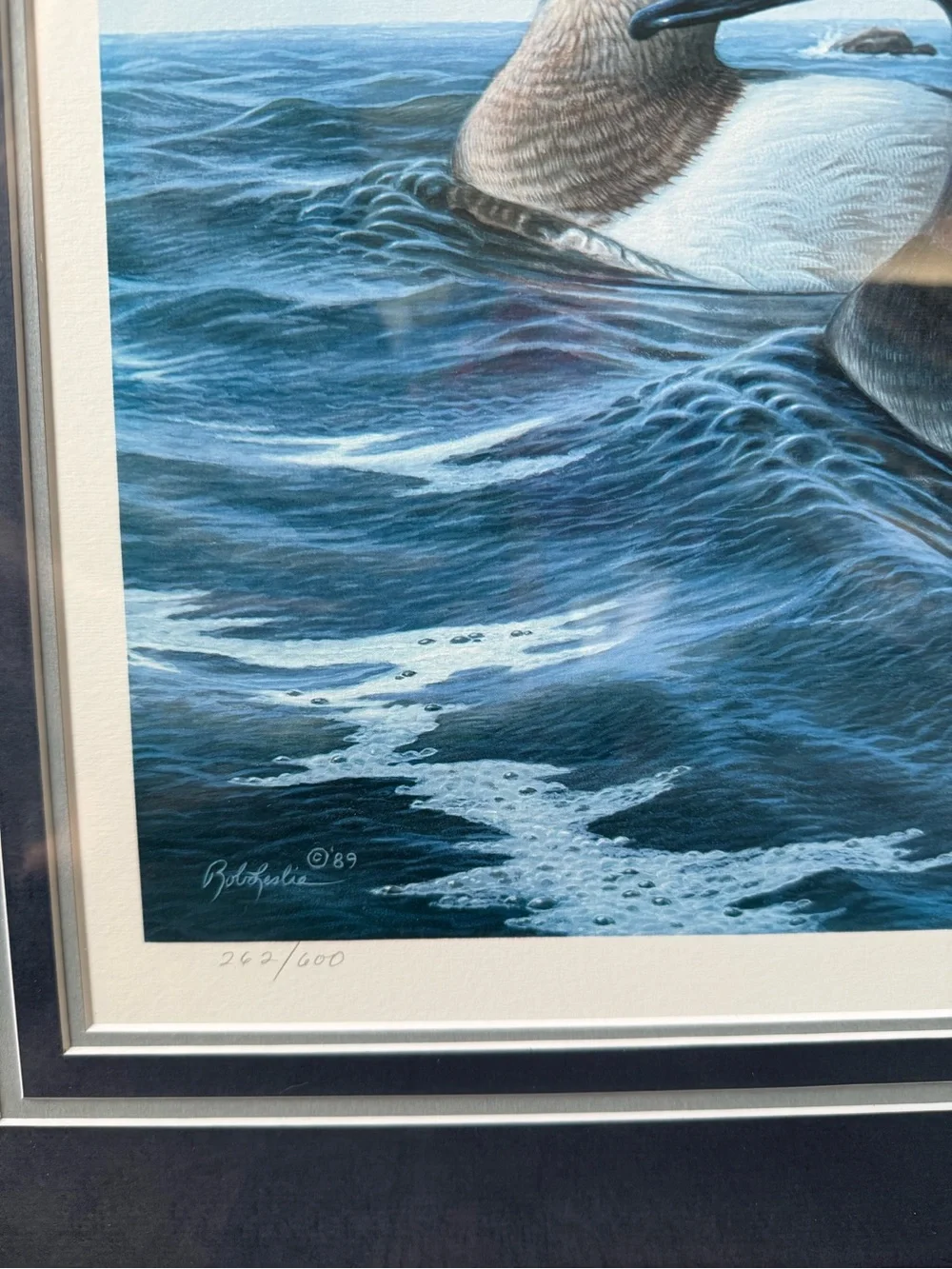 Rob Leslie 1989 Vintage Print Framed Ducks In Ocean Seagulls Numbered And Hand
